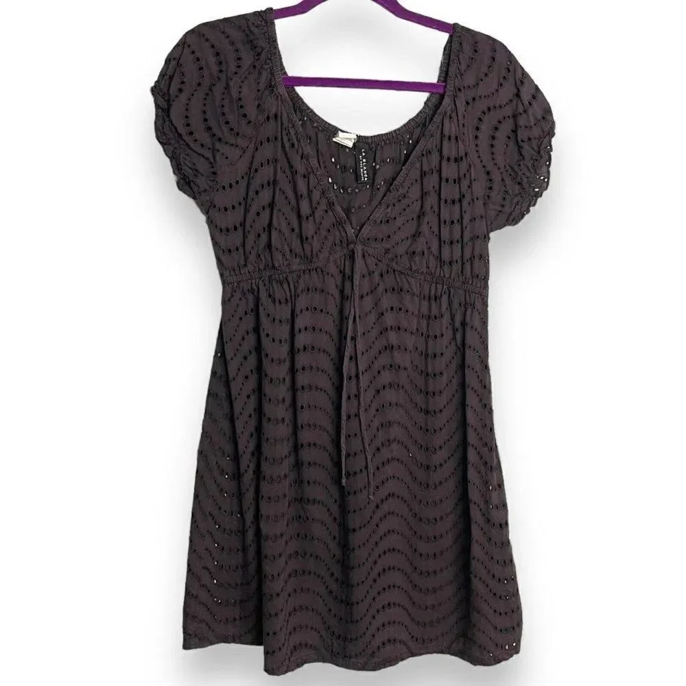 La Blanca By Rob Beattie Mini Dress Women's Medium Purple Eyelet Drawstring Boho
